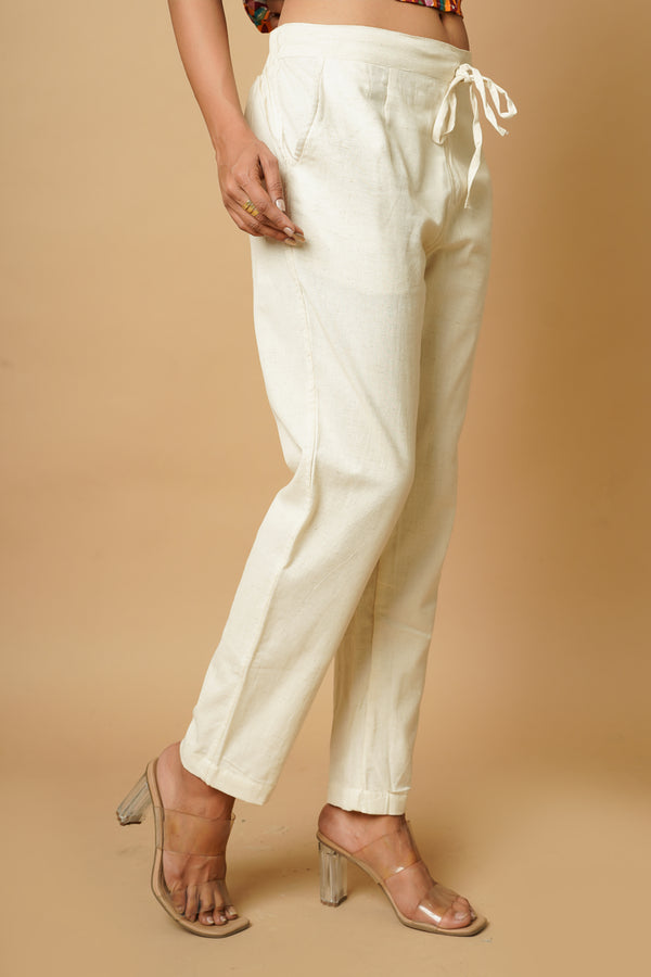 Off White Cotton Crafted Women's Trouser