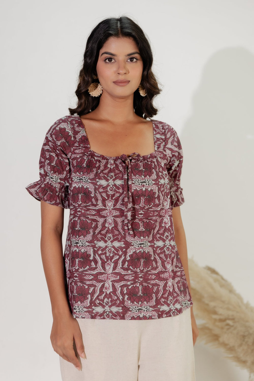Red Hand Block Cotton Printed Top
