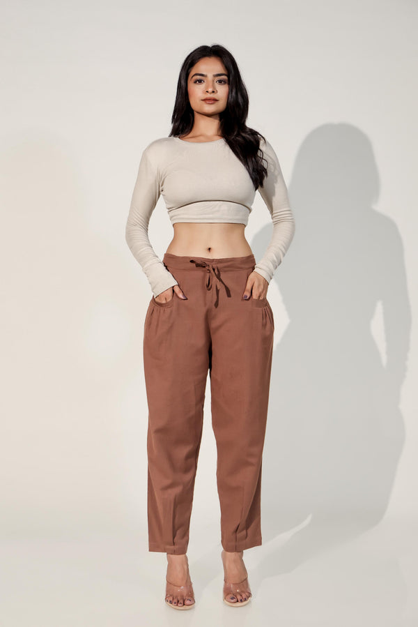 Dark Brown Women's Pleated-Narrow Trousers