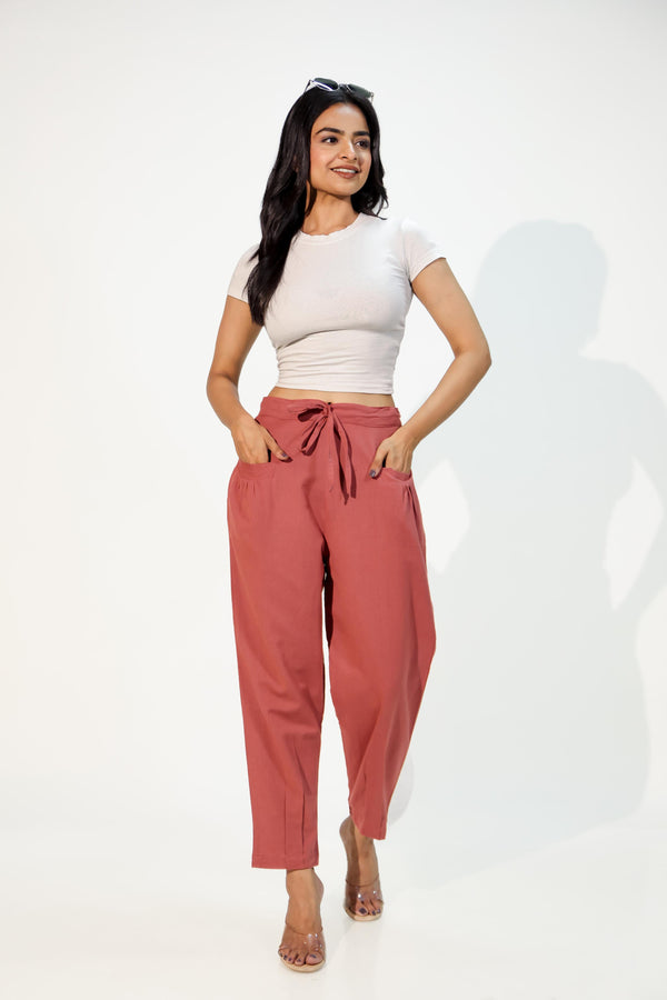 Carnation Red Women's Pleated-Narrow Trousers