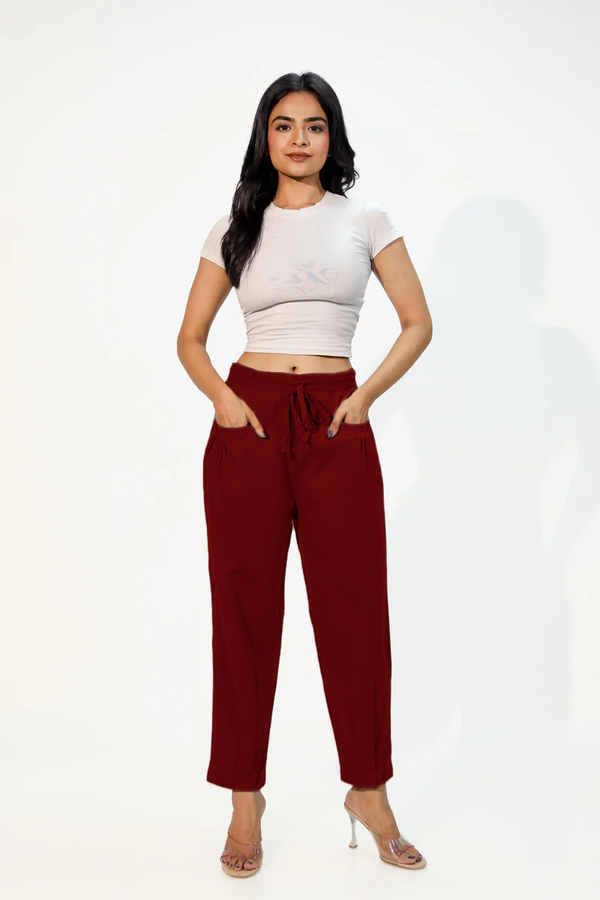 Maroon Women's Pleated-Narrow Trousers
