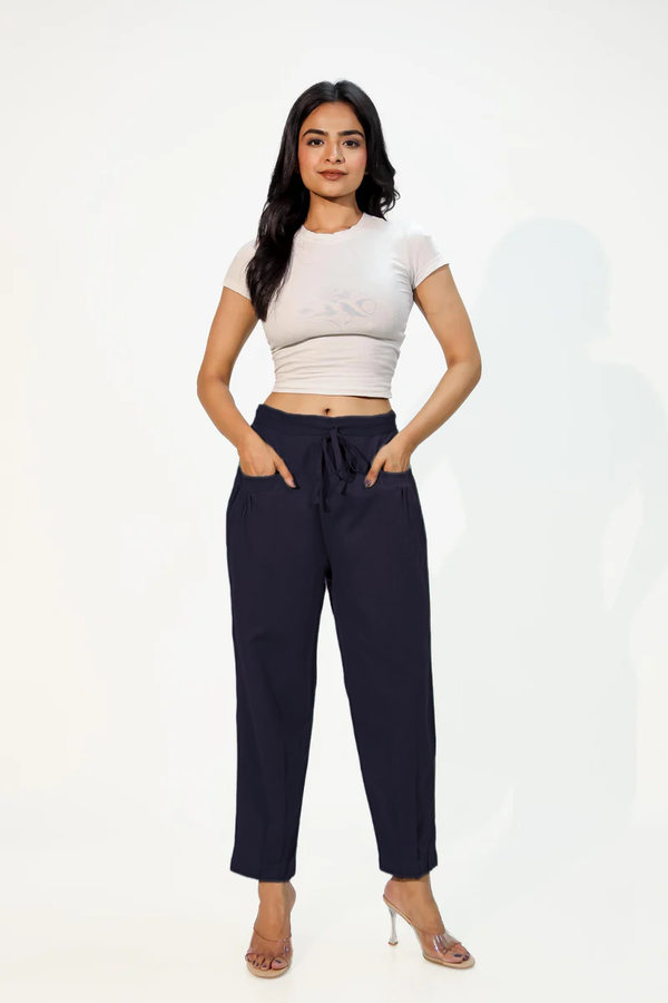 Navy Blue Women's Pleated-Narrow Trousers